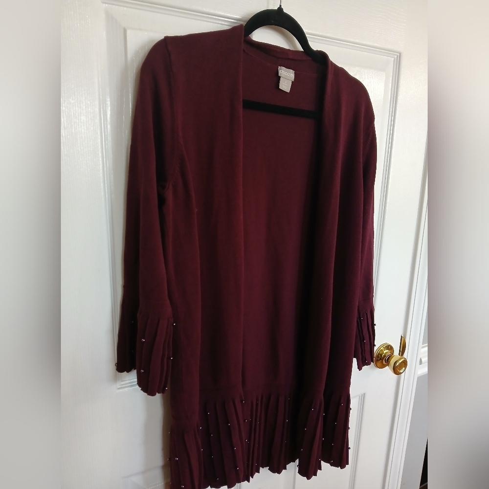 Chicos Eggplant Purple Open Front Pleated Faux Pearl Long Duster Cardigan Casual - Picture 2 of 8